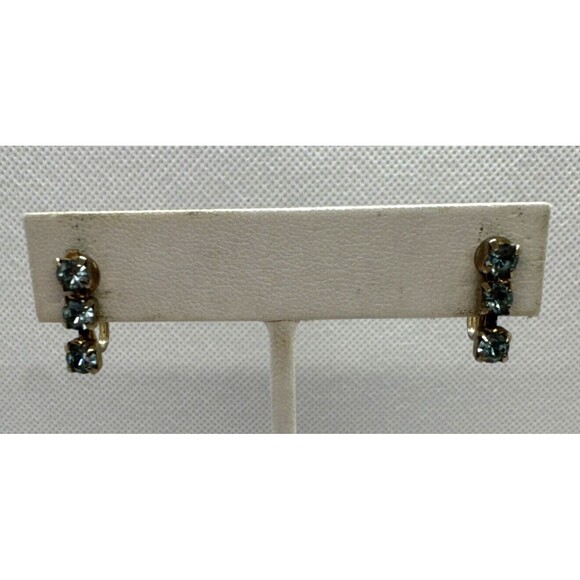 Vintage Rhinestone Light Blue Silver Tone Screw Back Earrings 1960s Retro - Picture 4 of 8